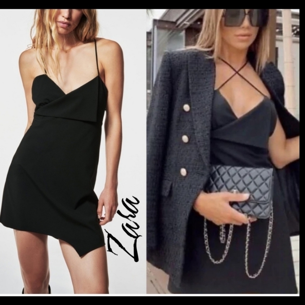 Zara Womens Black Surplice Asymmetrical Hem Criss Cross Mini Dress Sz L